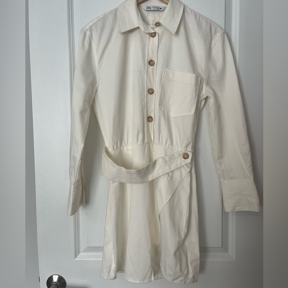 Zara white linen blend mini dress button up long sleeve XS